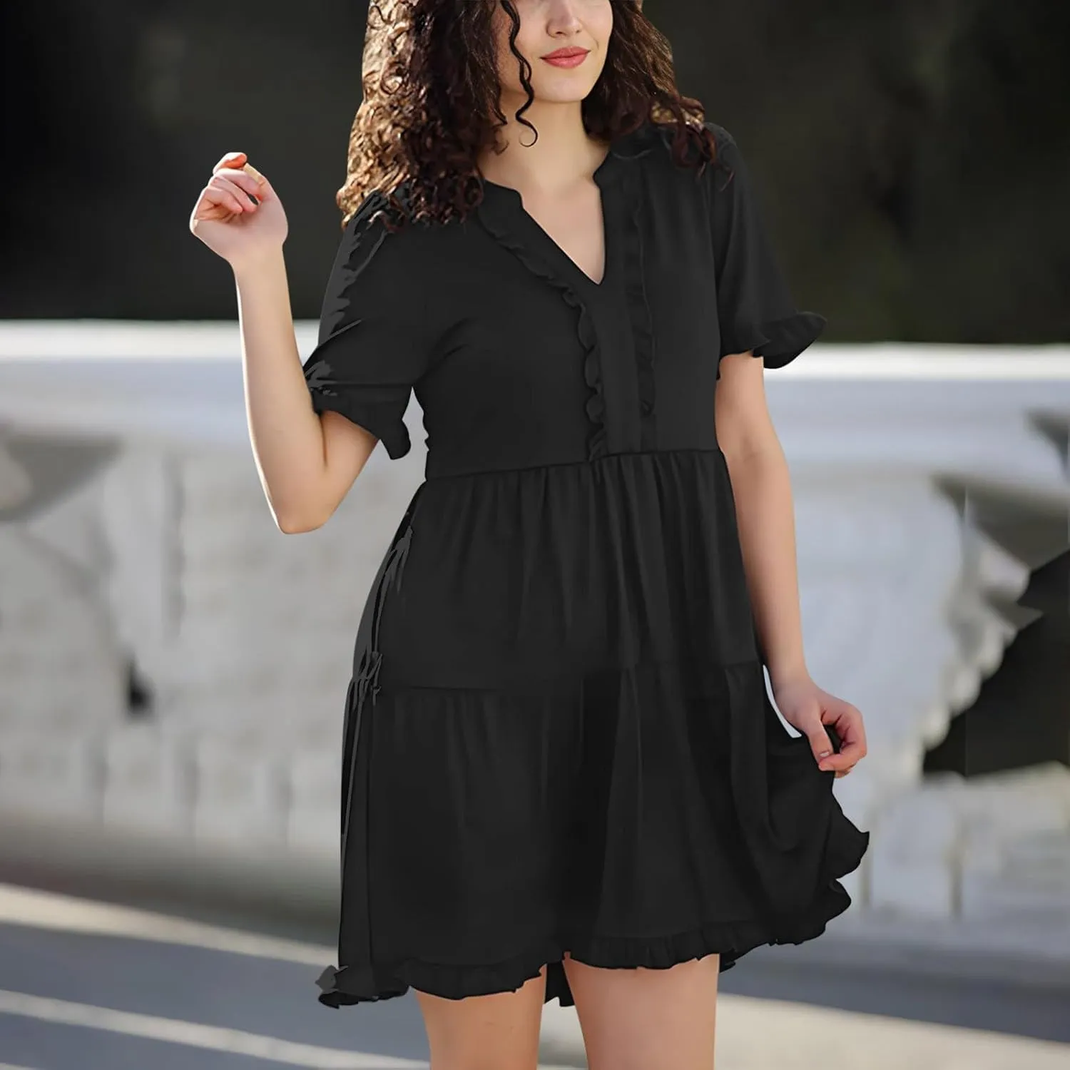 Boho Beach Dresses for Women 2025 Vacation Cute Doll Collar Pleated Flowy Ruffle Dress Summer Casual Swing Midi Dress