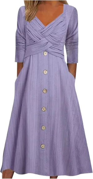 Boho Dresses for Women 2024 Plus Size Button Long Sleeve Knit Dresses Long Sleeve Loose Fitting Flowy Shift Dresses