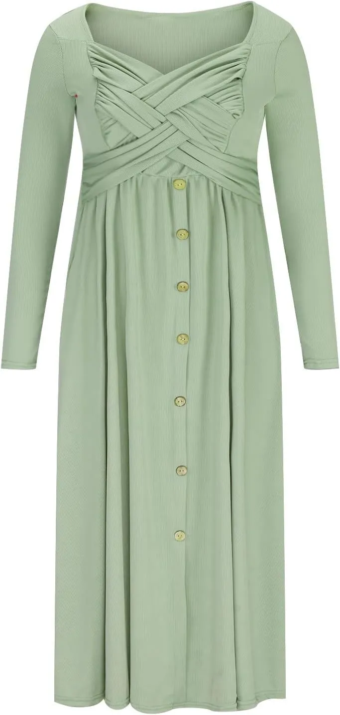 Boho Dresses for Women 2024 Plus Size Button Long Sleeve Knit Dresses Long Sleeve Loose Fitting Flowy Shift Dresses