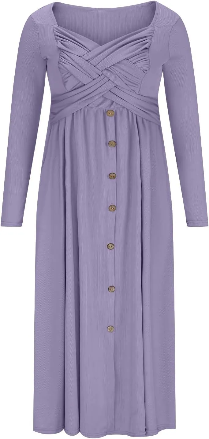 Boho Dresses for Women 2024 Plus Size Button Long Sleeve Knit Dresses Long Sleeve Loose Fitting Flowy Shift Dresses