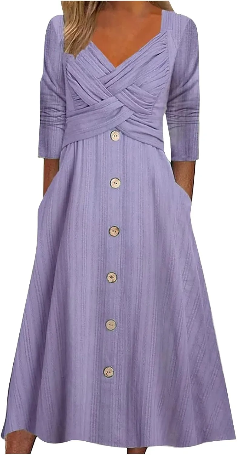 Boho Dresses for Women 2024 Plus Size Button Long Sleeve Knit Dresses Long Sleeve Loose Fitting Flowy Shift Dresses