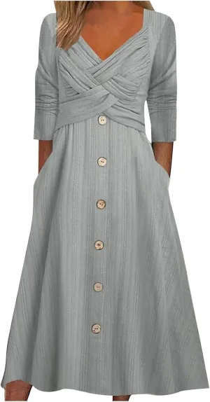 Boho Dresses for Women 2024 Plus Size Button Long Sleeve Knit Dresses Long Sleeve Loose Fitting Flowy Shift Dresses