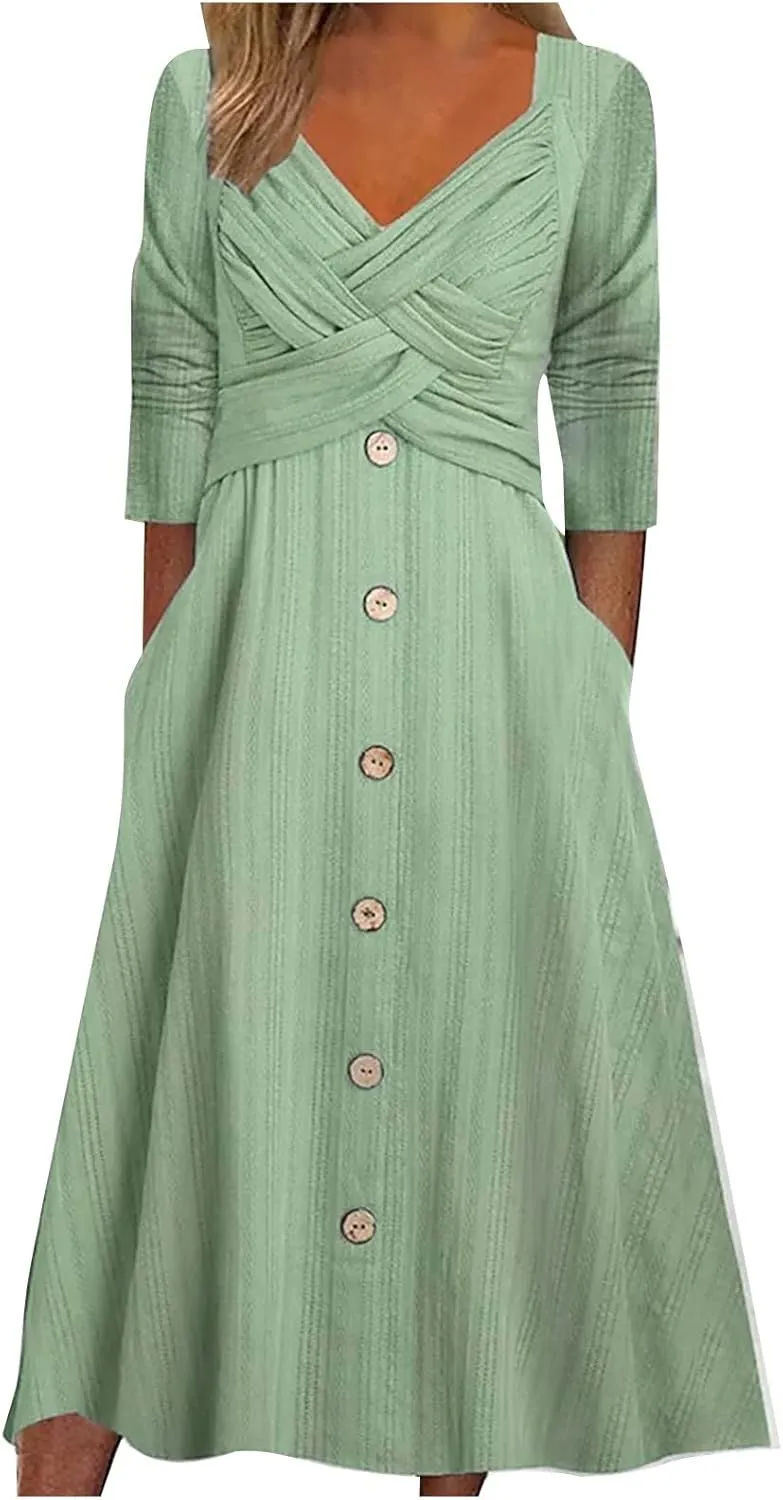 Boho Dresses for Women 2024 Plus Size Button Long Sleeve Knit Dresses Long Sleeve Loose Fitting Flowy Shift Dresses