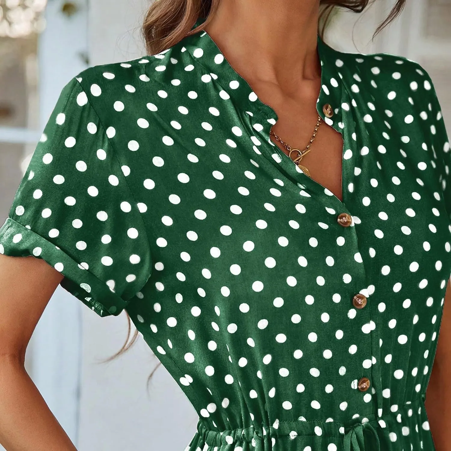 Boho Dresses for Women 2025 Summer Polka Dot Short Sleeve V Neck Button Down Midi Dresses Formal Long Dress