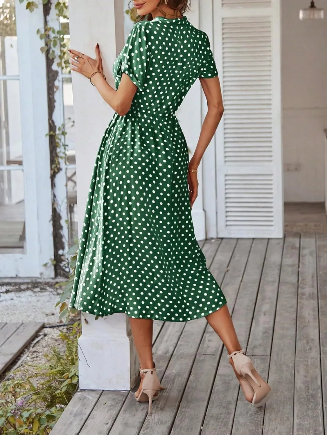 Boho Dresses for Women 2025 Summer Polka Dot Short Sleeve V Neck Button Down Midi Dresses Formal Long Dress