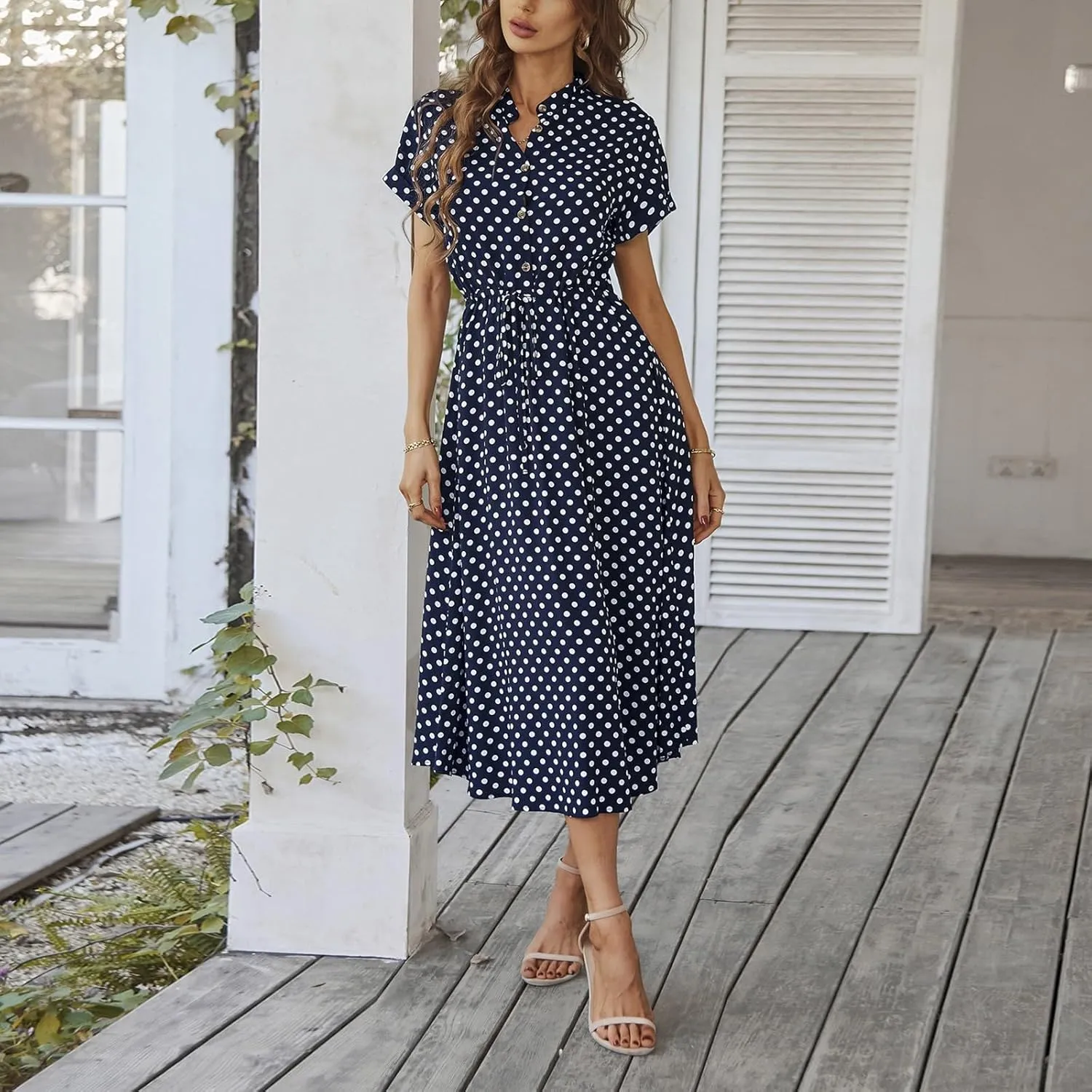 Boho Dresses for Women 2025 Summer Polka Dot Short Sleeve V Neck Button Down Midi Dresses Formal Long Dress