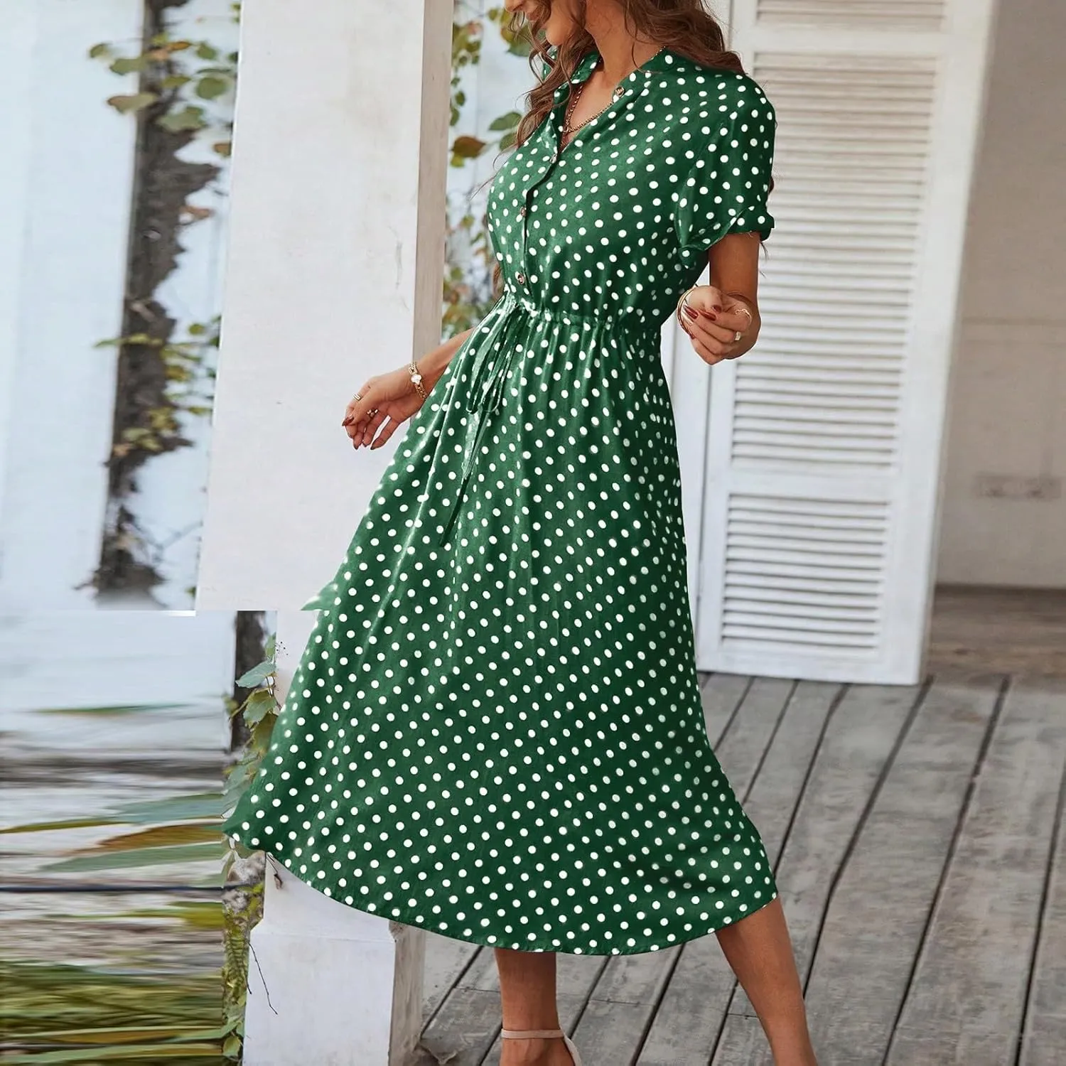 Boho Dresses for Women 2025 Summer Polka Dot Short Sleeve V Neck Button Down Midi Dresses Formal Long Dress