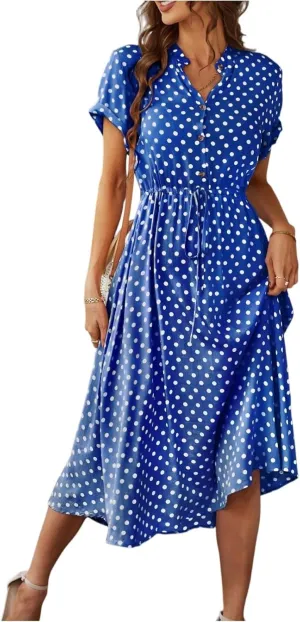 Boho Dresses for Women 2025 Summer Polka Dot Short Sleeve V Neck Button Down Midi Dresses Formal Long Dress