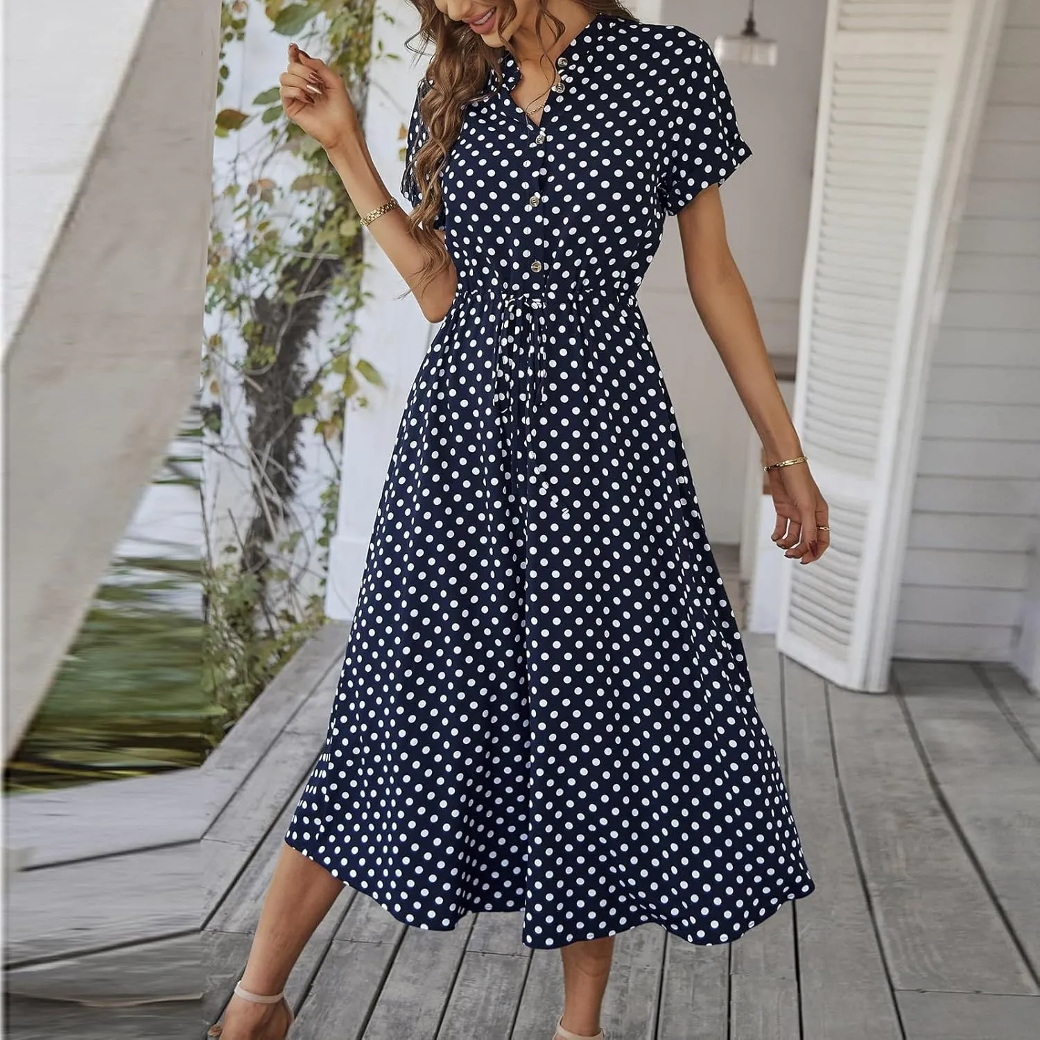 Boho Dresses for Women 2025 Summer Polka Dot Short Sleeve V Neck Button Down Midi Dresses Formal Long Dress