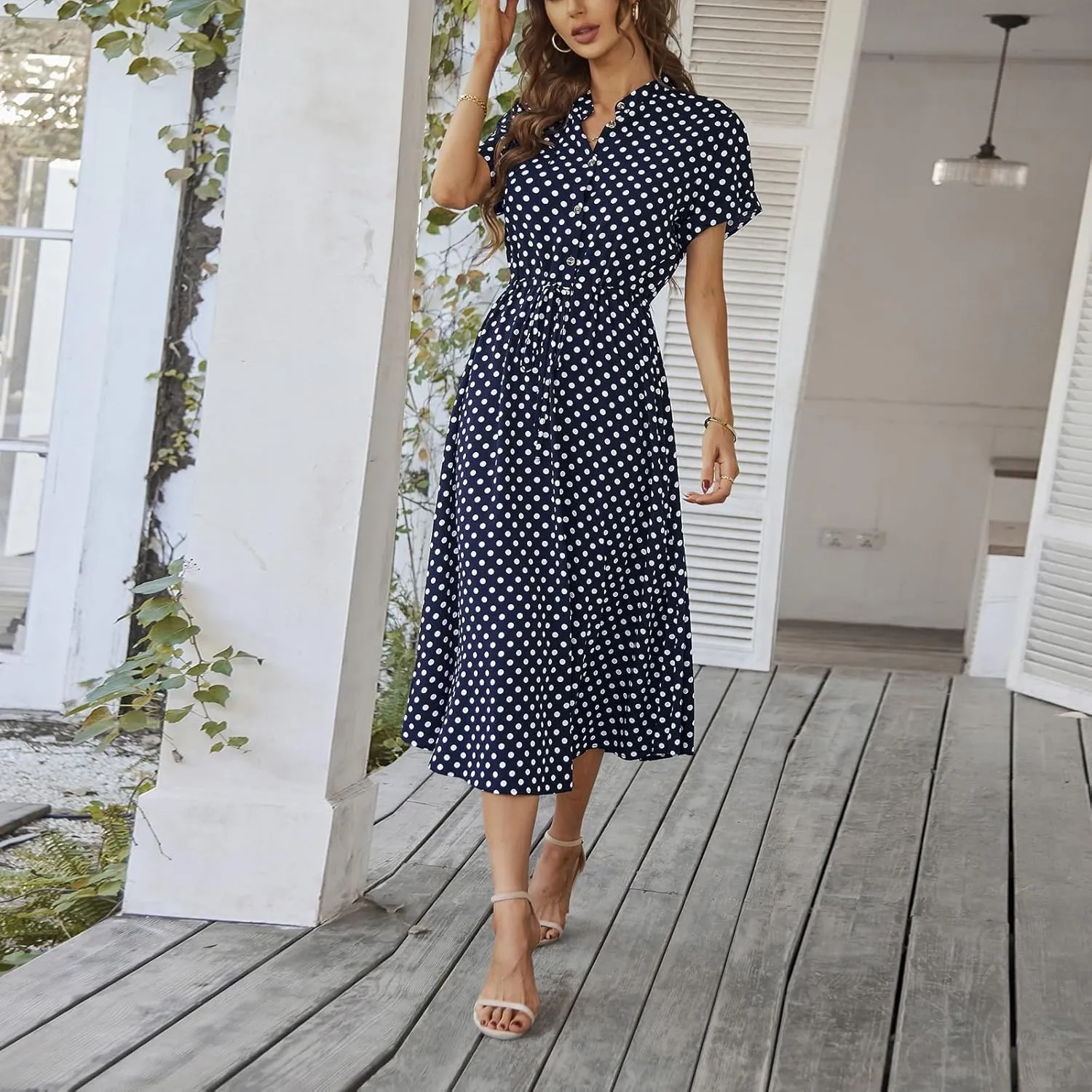 Boho Dresses for Women 2025 Summer Polka Dot Short Sleeve V Neck Button Down Midi Dresses Formal Long Dress