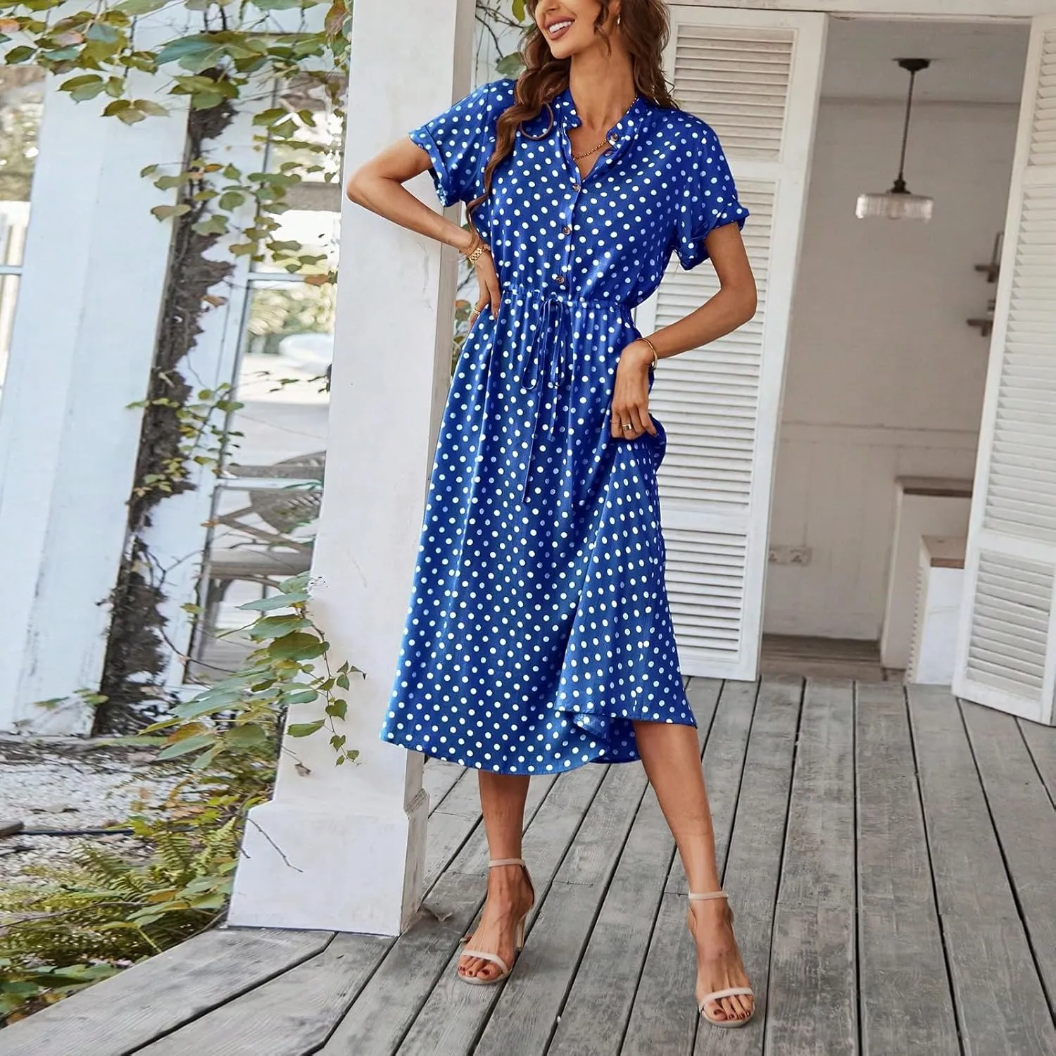 Boho Dresses for Women 2025 Summer Polka Dot Short Sleeve V Neck Button Down Midi Dresses Formal Long Dress