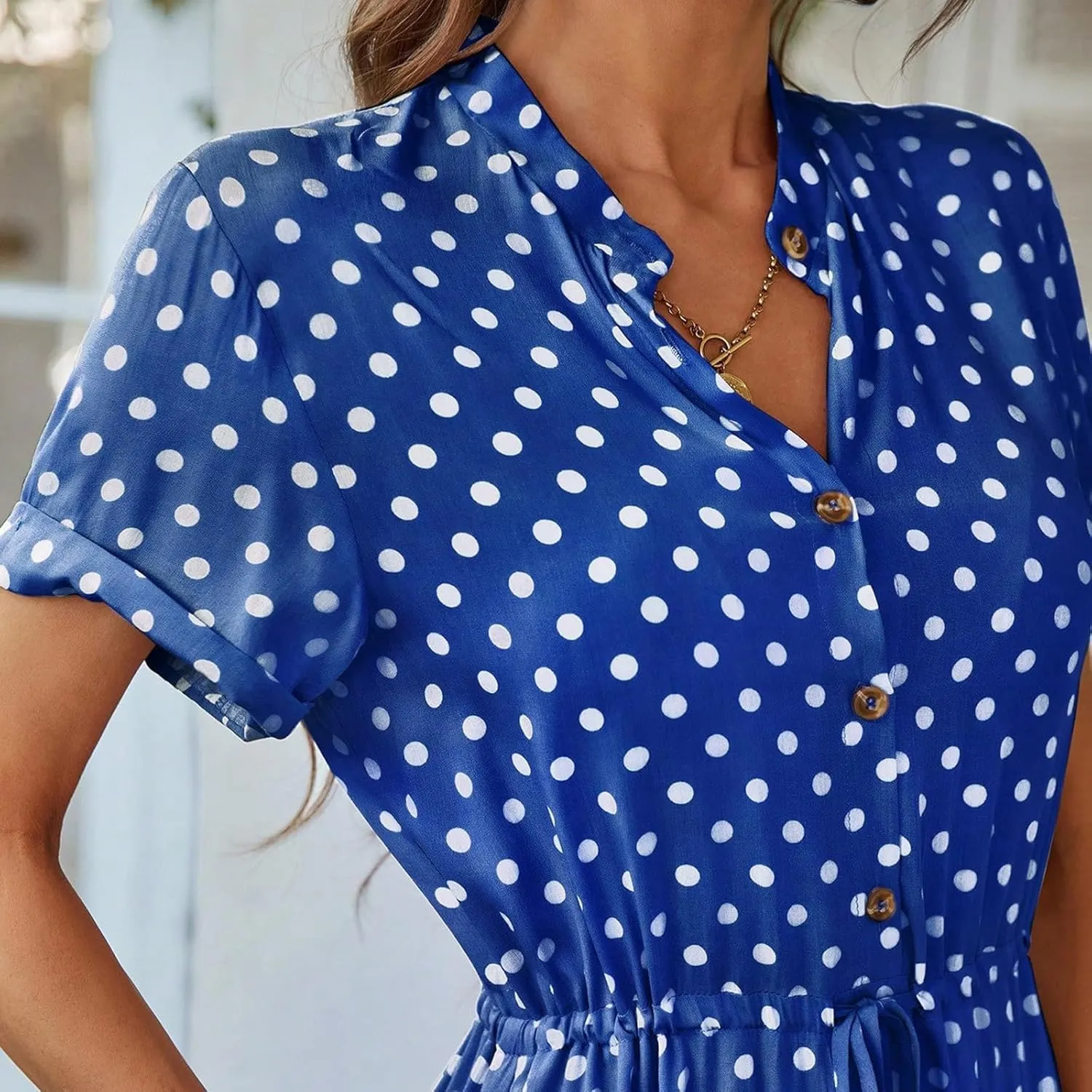 Boho Dresses for Women 2025 Summer Polka Dot Short Sleeve V Neck Button Down Midi Dresses Formal Long Dress
