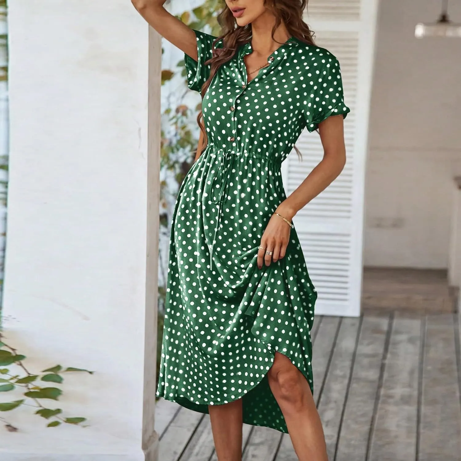 Boho Dresses for Women 2025 Summer Polka Dot Short Sleeve V Neck Button Down Midi Dresses Formal Long Dress