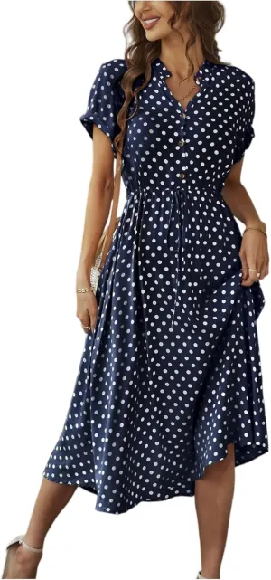 Boho Dresses for Women 2025 Summer Polka Dot Short Sleeve V Neck Button Down Midi Dresses Formal Long Dress