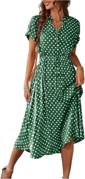 Boho Dresses for Women 2025 Summer Polka Dot Short Sleeve V Neck Button Down Midi Dresses Formal Long Dress