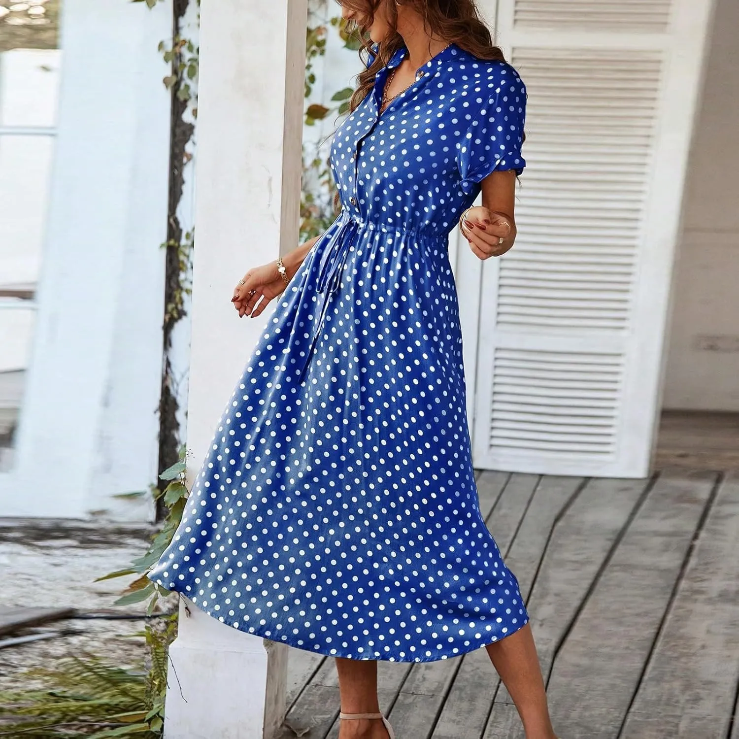 Boho Dresses for Women 2025 Summer Polka Dot Short Sleeve V Neck Button Down Midi Dresses Formal Long Dress
