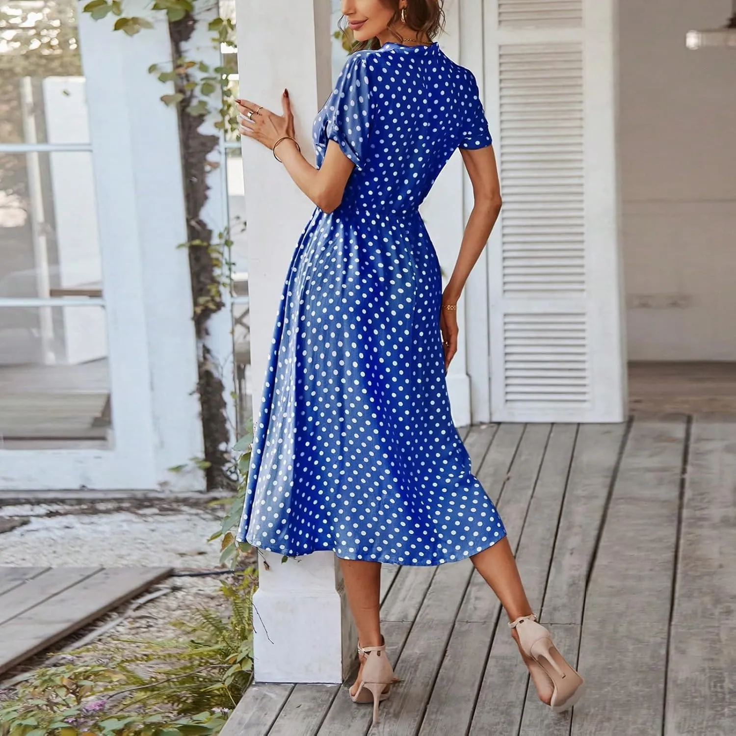 Boho Dresses for Women 2025 Summer Polka Dot Short Sleeve V Neck Button Down Midi Dresses Formal Long Dress