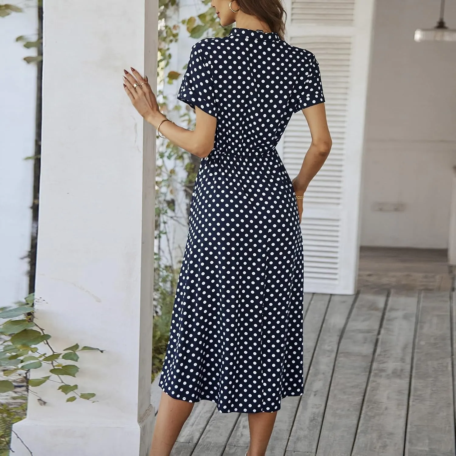 Boho Dresses for Women 2025 Summer Polka Dot Short Sleeve V Neck Button Down Midi Dresses Formal Long Dress