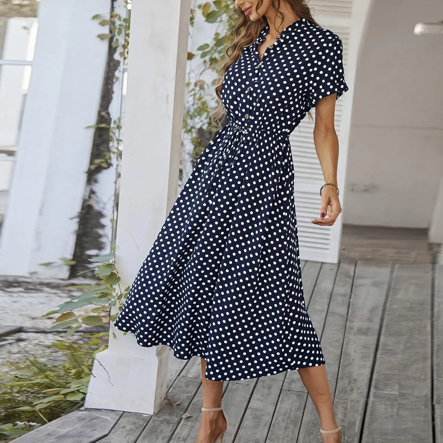 Boho Dresses for Women 2025 Summer Polka Dot Short Sleeve V Neck Button Down Midi Dresses Formal Long Dress