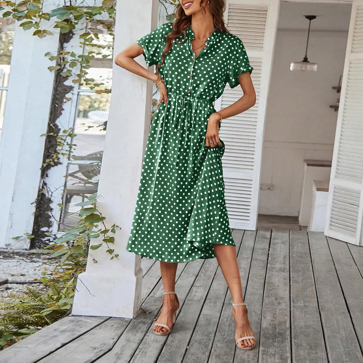 Boho Dresses for Women 2025 Summer Polka Dot Short Sleeve V Neck Button Down Midi Dresses Formal Long Dress