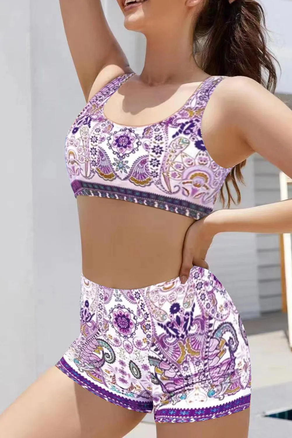 Boho Paisley Print Purple Tankini Set