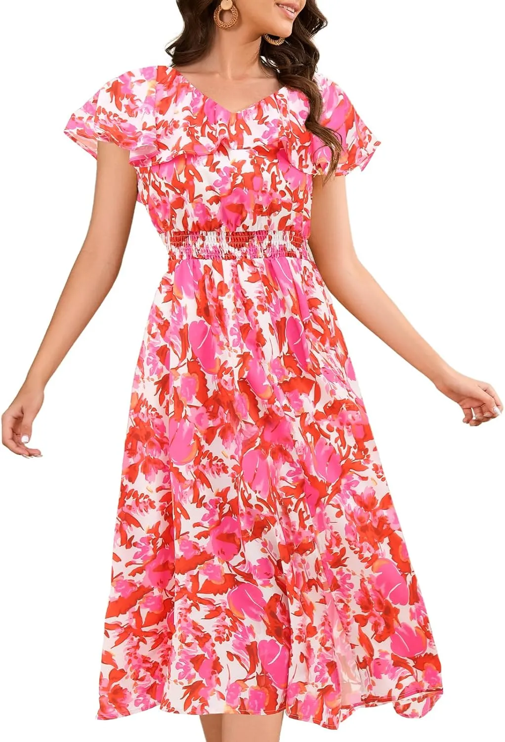 Bridesmay Womens Summer Floral Midi Dresses Ruffle Sleeve Beach Wedding Guest Dress V Neck Swing Flowy Dresses