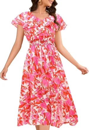 Bridesmay Womens Summer Floral Midi Dresses Ruffle Sleeve Beach Wedding Guest Dress V Neck Swing Flowy Dresses