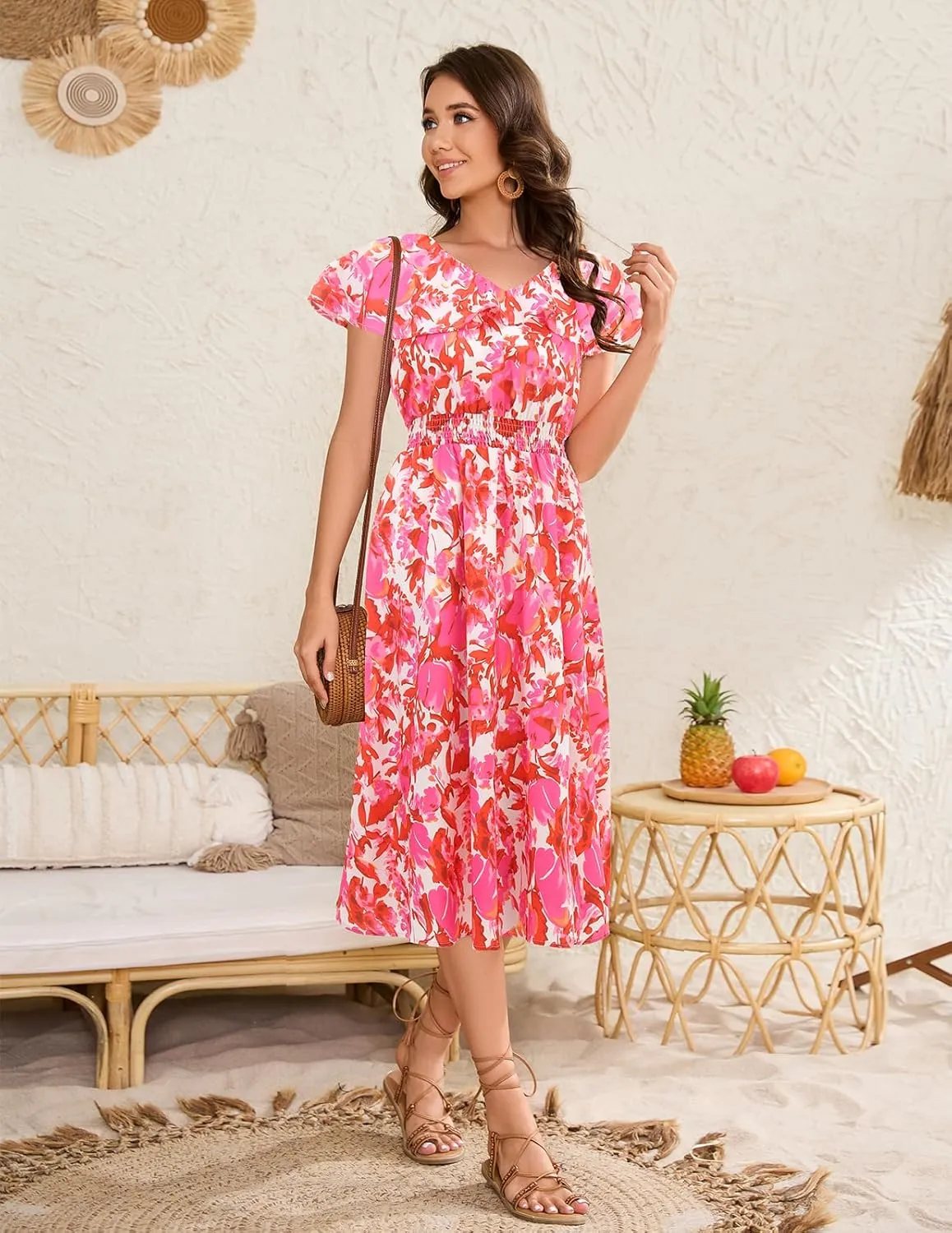 Bridesmay Womens Summer Floral Midi Dresses Ruffle Sleeve Beach Wedding Guest Dress V Neck Swing Flowy Dresses