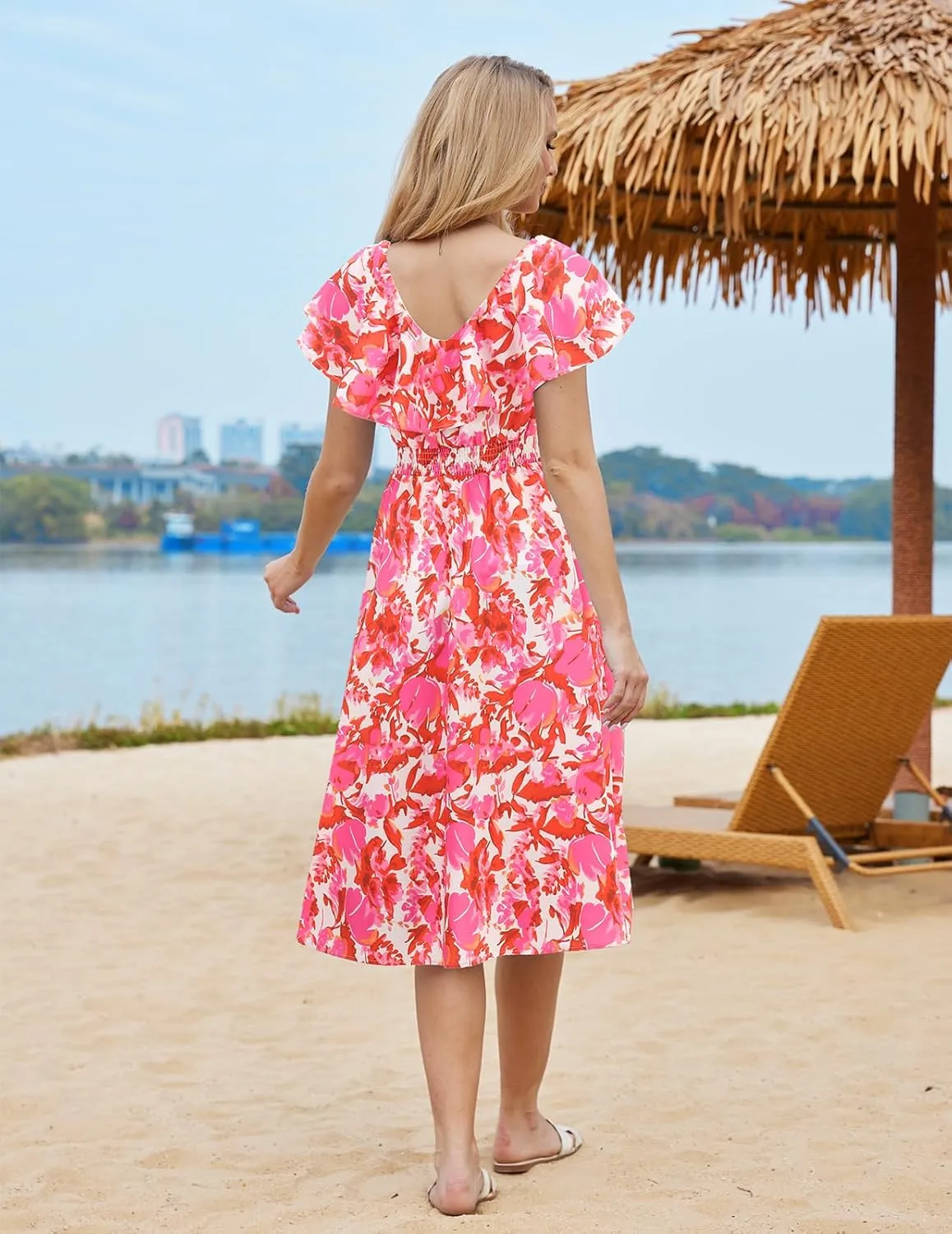 Bridesmay Womens Summer Floral Midi Dresses Ruffle Sleeve Beach Wedding Guest Dress V Neck Swing Flowy Dresses
