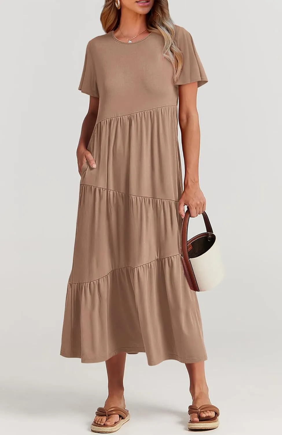 BTFBM Women Summer Casual Short Sleeve Dresses Crewneck Solid Color Maxi Dress Wedding Guest Dresses with Pockets