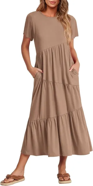 BTFBM Women Summer Casual Short Sleeve Dresses Crewneck Solid Color Maxi Dress Wedding Guest Dresses with Pockets