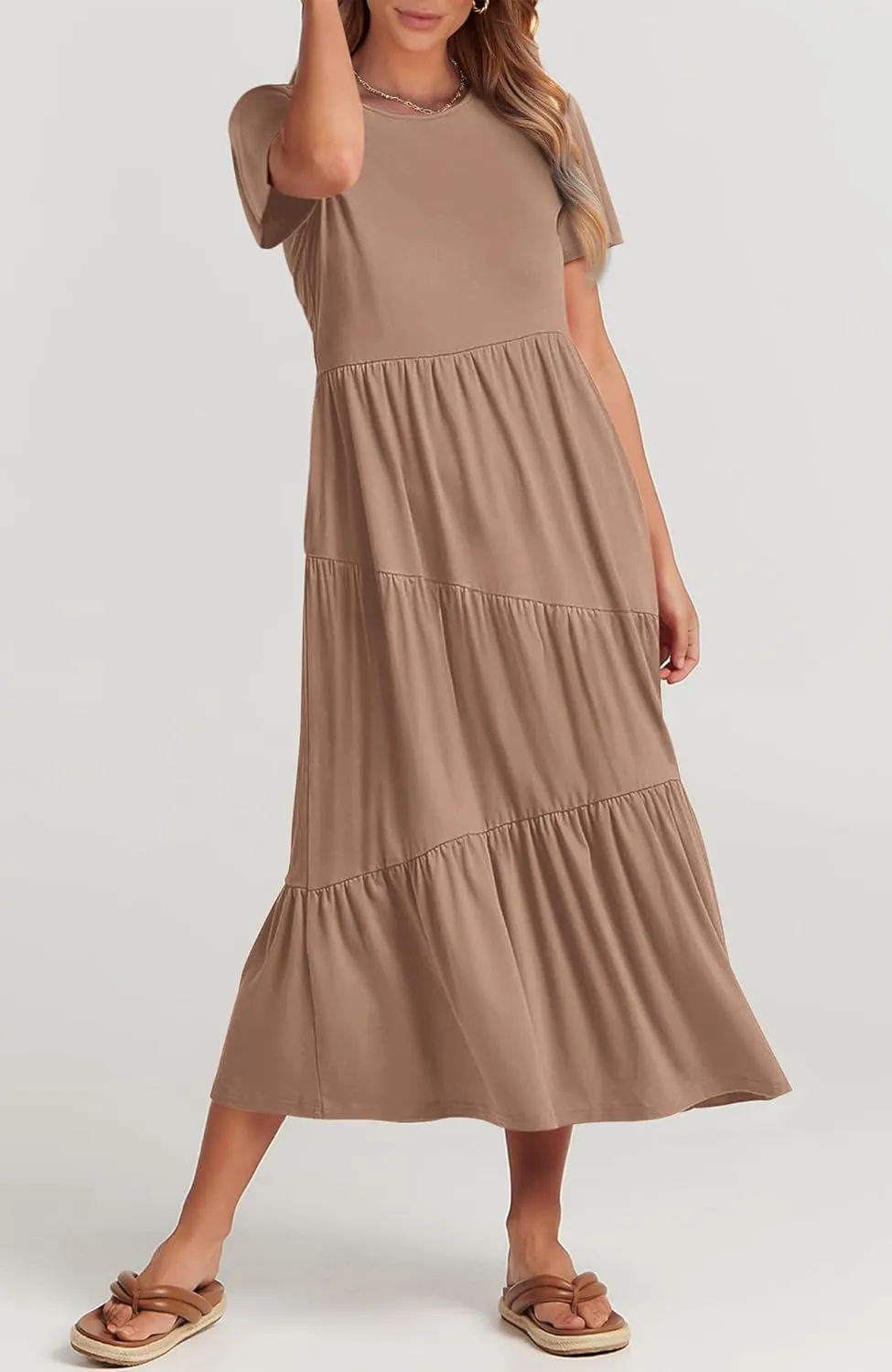 BTFBM Women Summer Casual Short Sleeve Dresses Crewneck Solid Color Maxi Dress Wedding Guest Dresses with Pockets