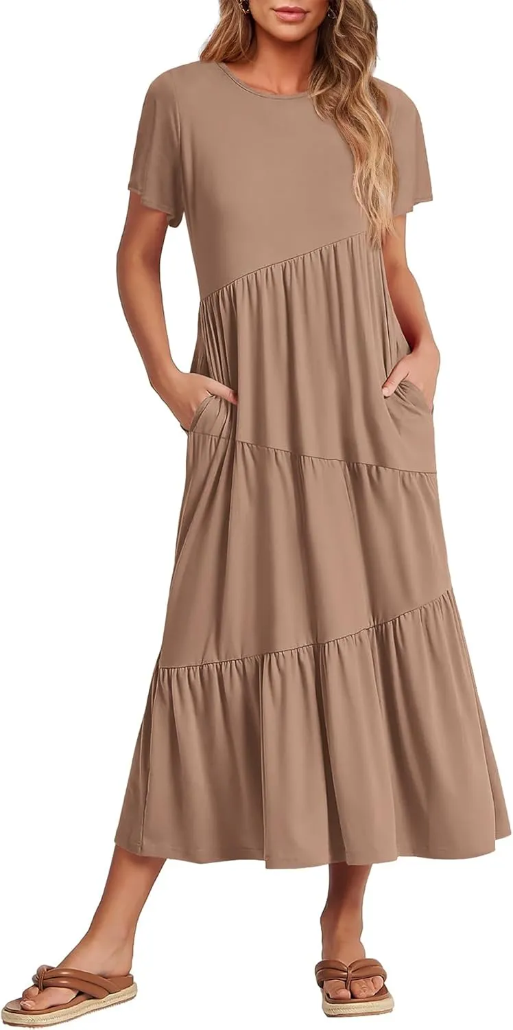 BTFBM Women Summer Casual Short Sleeve Dresses Crewneck Solid Color Maxi Dress Wedding Guest Dresses with Pockets
