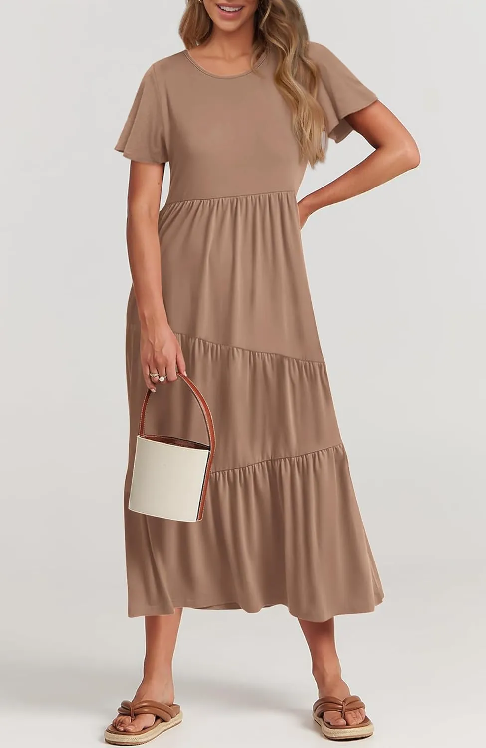BTFBM Women Summer Casual Short Sleeve Dresses Crewneck Solid Color Maxi Dress Wedding Guest Dresses with Pockets