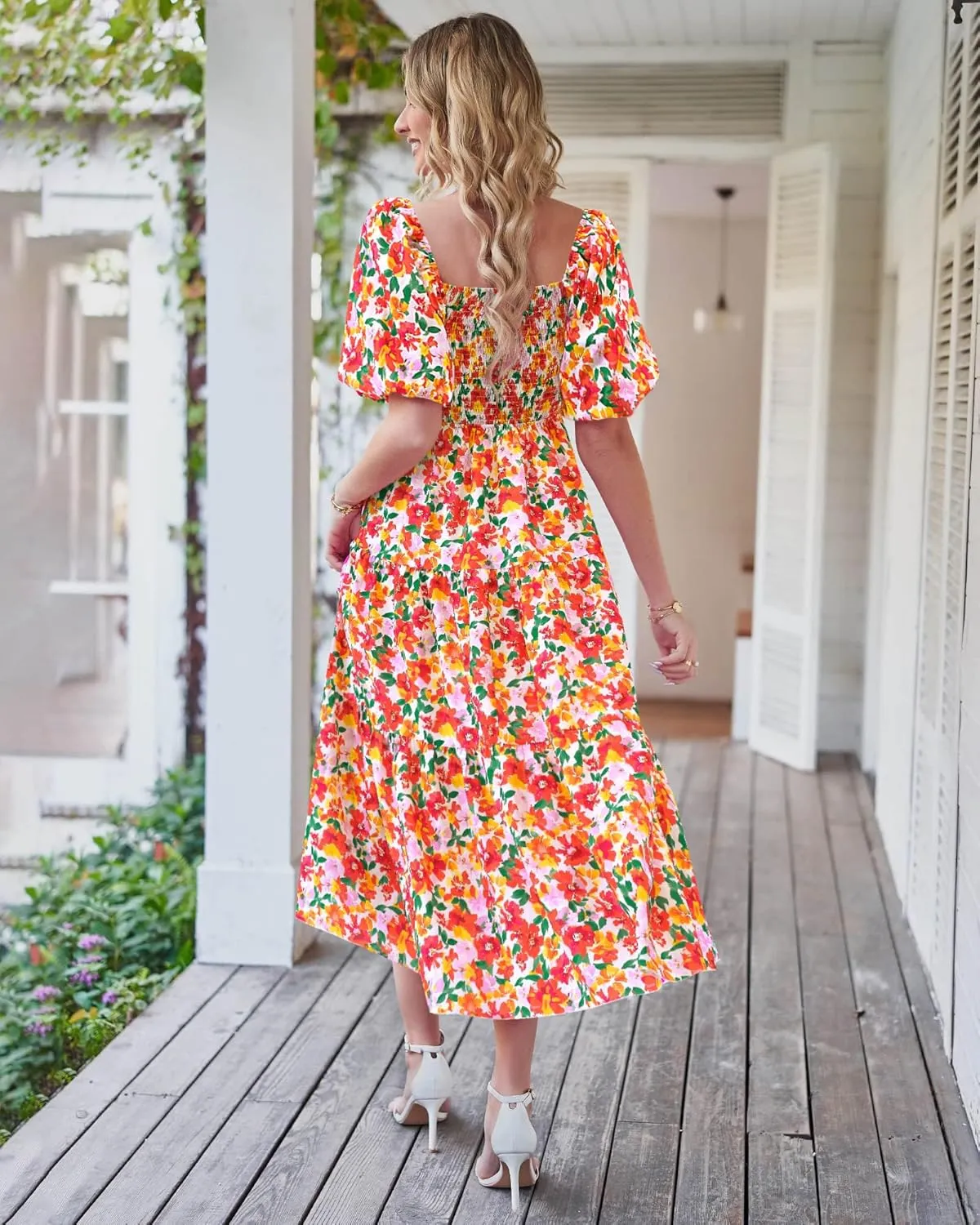 BTFBM Women Summer Dresses 2025 Casual Flowy Beach Square Neck Puff Short Sleeve Smocked Back Boho Floral Long Maxi Dress