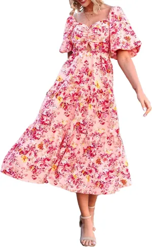 BTFBM Women Summer Dresses 2025 Casual Flowy Beach Square Neck Puff Short Sleeve Smocked Back Boho Floral Long Maxi Dress
