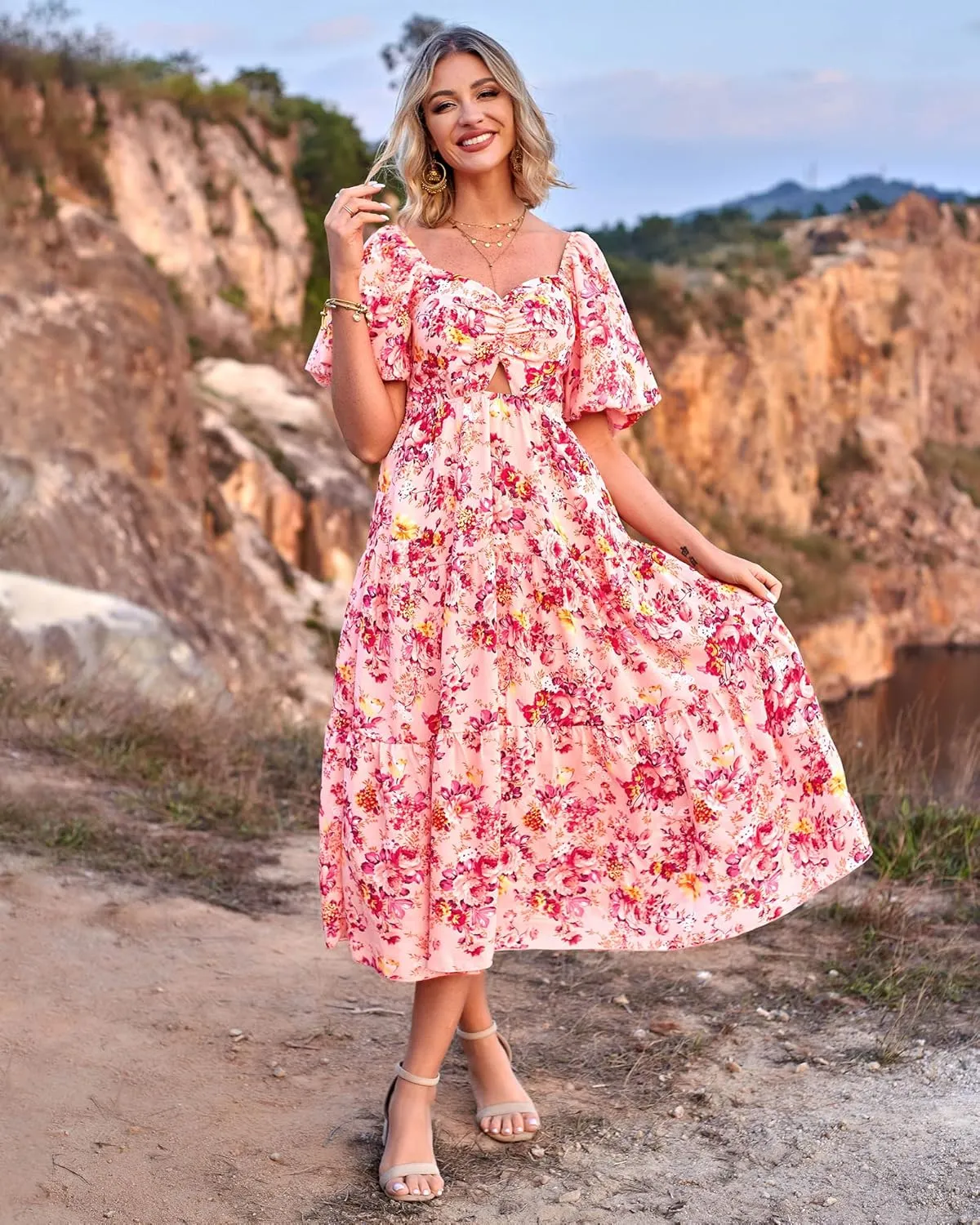 BTFBM Women Summer Dresses 2025 Casual Flowy Beach Square Neck Puff Short Sleeve Smocked Back Boho Floral Long Maxi Dress