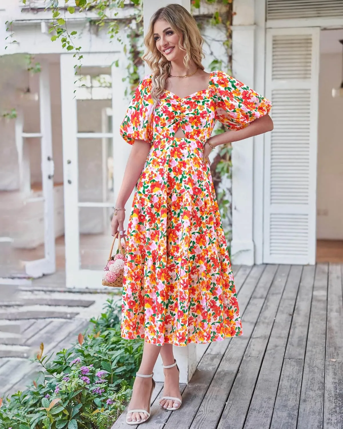 BTFBM Women Summer Dresses 2025 Casual Flowy Beach Square Neck Puff Short Sleeve Smocked Back Boho Floral Long Maxi Dress