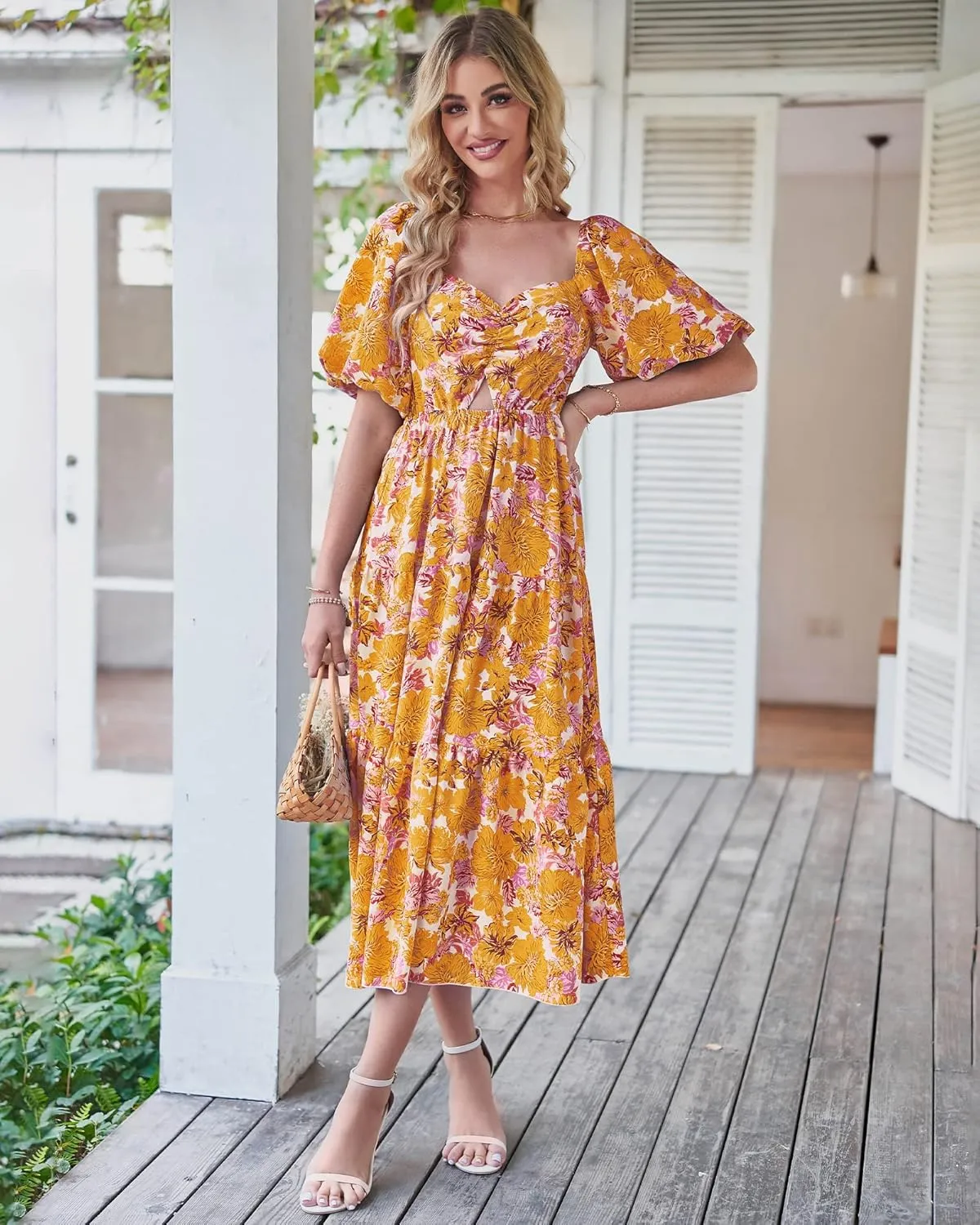 BTFBM Women Summer Dresses 2025 Casual Flowy Beach Square Neck Puff Short Sleeve Smocked Back Boho Floral Long Maxi Dress