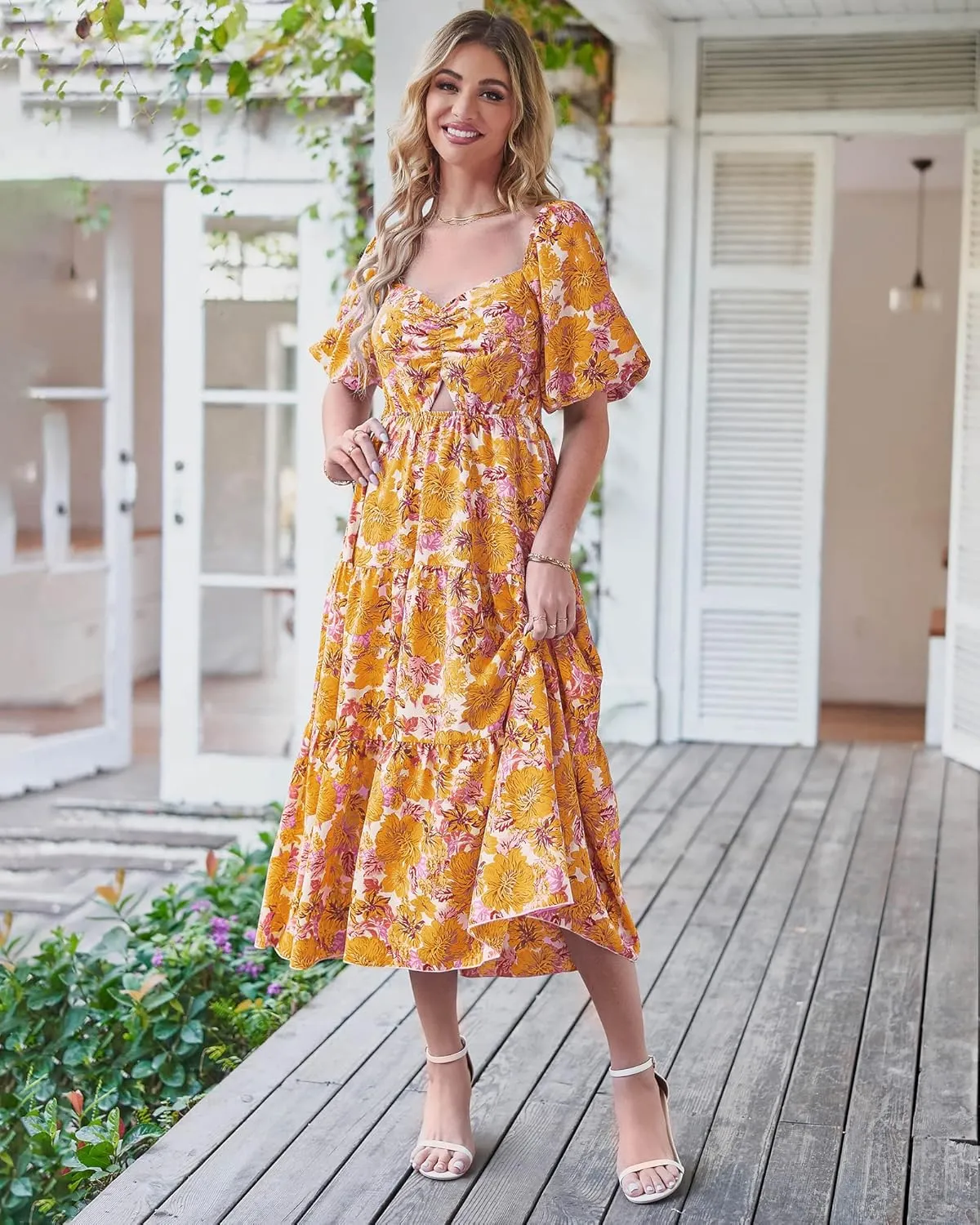 BTFBM Women Summer Dresses 2025 Casual Flowy Beach Square Neck Puff Short Sleeve Smocked Back Boho Floral Long Maxi Dress
