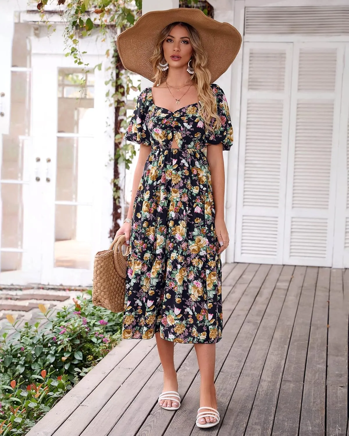 BTFBM Women Summer Dresses 2025 Casual Flowy Beach Square Neck Puff Short Sleeve Smocked Back Boho Floral Long Maxi Dress