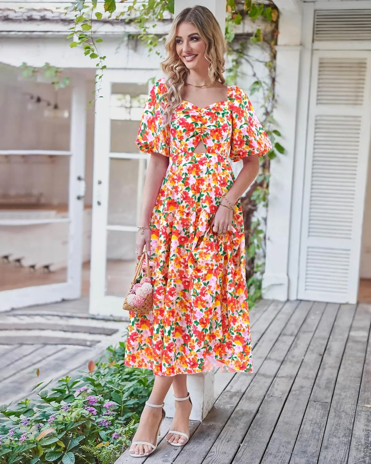 BTFBM Women Summer Dresses 2025 Casual Flowy Beach Square Neck Puff Short Sleeve Smocked Back Boho Floral Long Maxi Dress