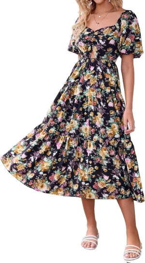 BTFBM Women Summer Dresses 2025 Casual Flowy Beach Square Neck Puff Short Sleeve Smocked Back Boho Floral Long Maxi Dress