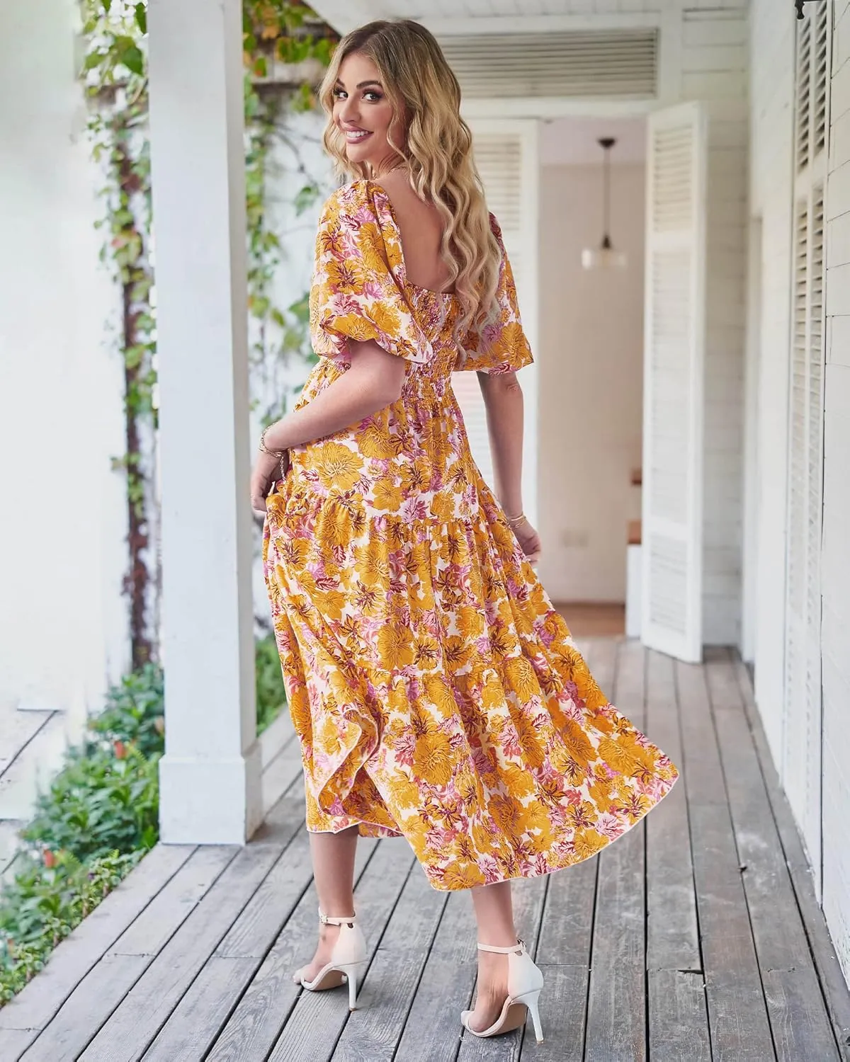BTFBM Women Summer Dresses 2025 Casual Flowy Beach Square Neck Puff Short Sleeve Smocked Back Boho Floral Long Maxi Dress
