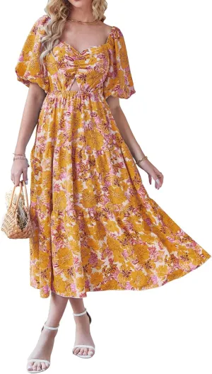 BTFBM Women Summer Dresses 2025 Casual Flowy Beach Square Neck Puff Short Sleeve Smocked Back Boho Floral Long Maxi Dress