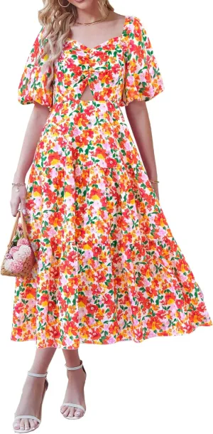 BTFBM Women Summer Dresses 2025 Casual Flowy Beach Square Neck Puff Short Sleeve Smocked Back Boho Floral Long Maxi Dress