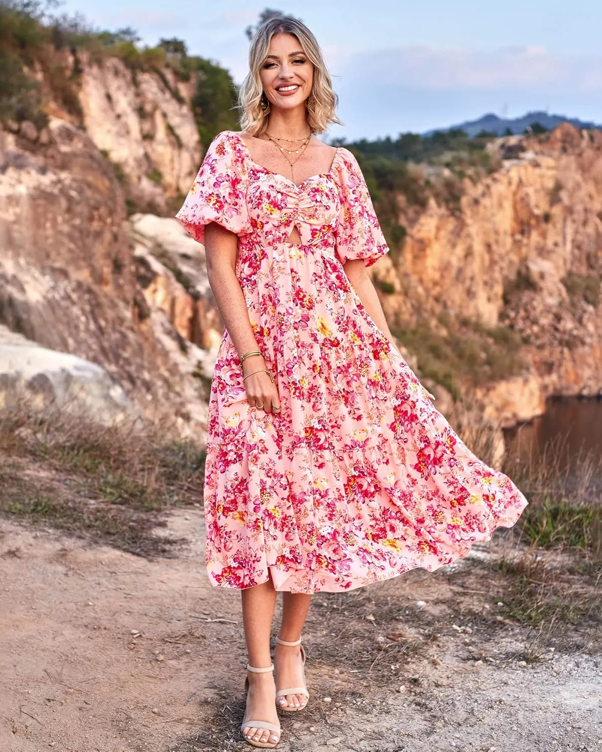 BTFBM Women Summer Dresses 2025 Casual Flowy Beach Square Neck Puff Short Sleeve Smocked Back Boho Floral Long Maxi Dress