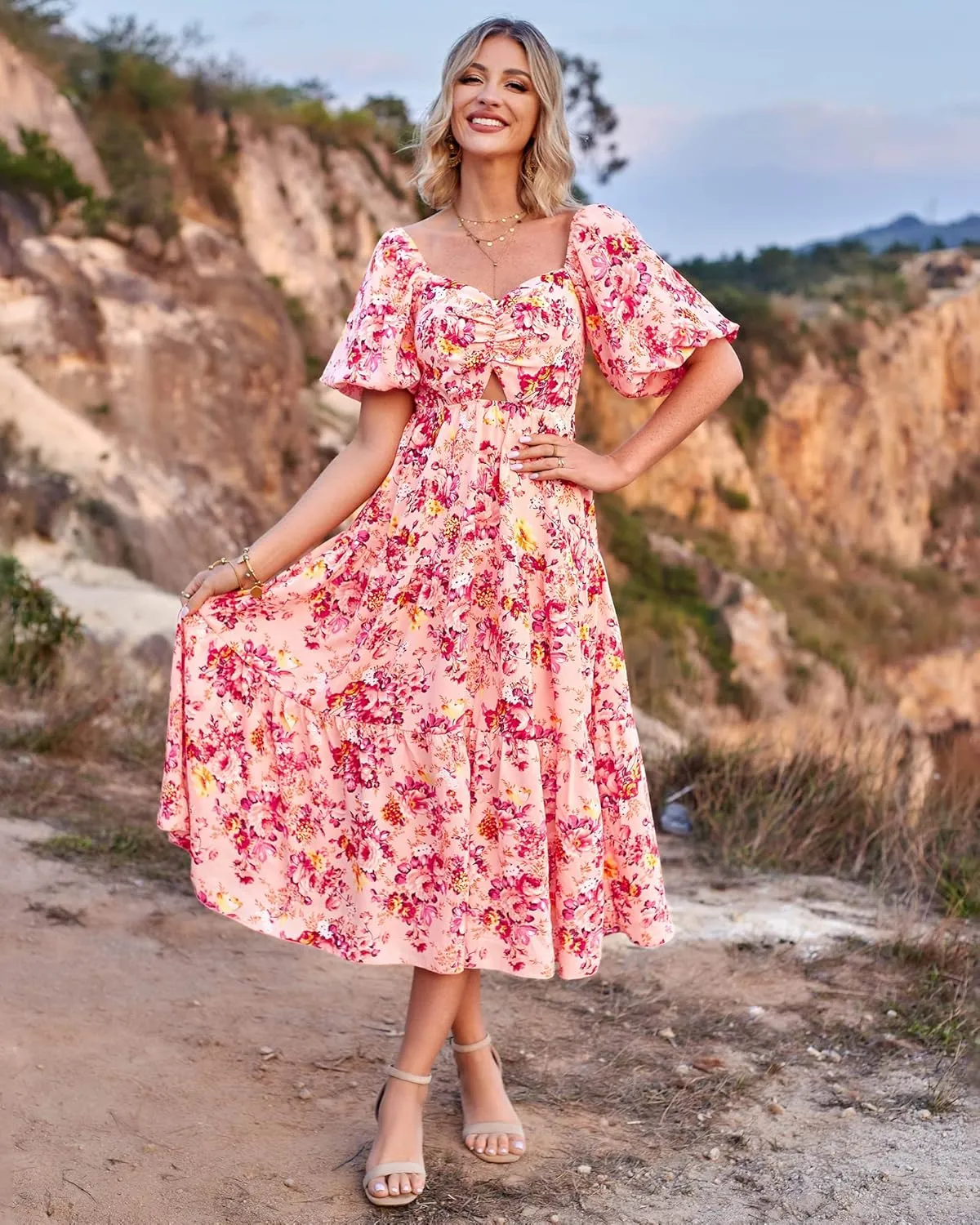 BTFBM Women Summer Dresses 2025 Casual Flowy Beach Square Neck Puff Short Sleeve Smocked Back Boho Floral Long Maxi Dress
