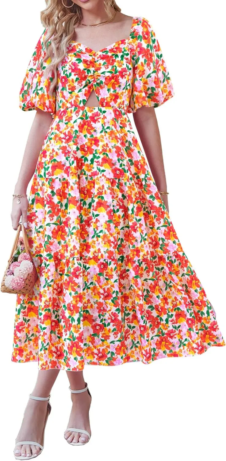 BTFBM Women Summer Dresses 2025 Casual Flowy Beach Square Neck Puff Short Sleeve Smocked Back Boho Floral Long Maxi Dress