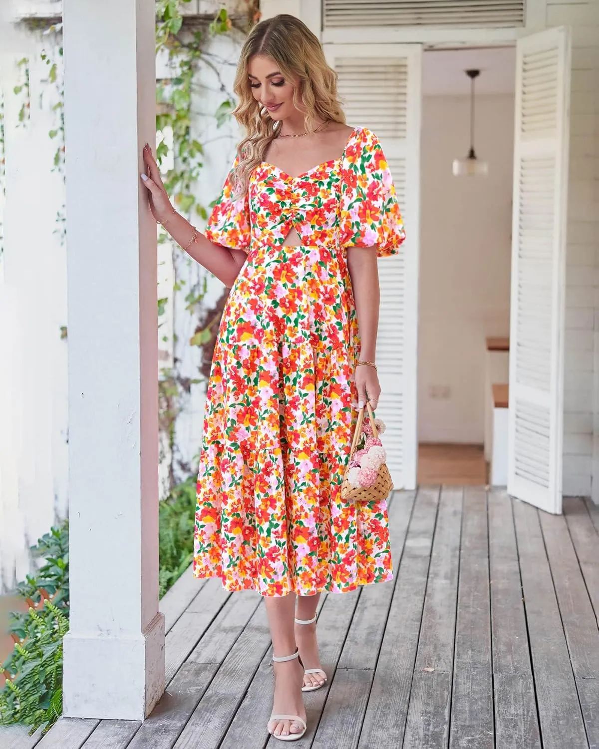 BTFBM Women Summer Dresses 2025 Casual Flowy Beach Square Neck Puff Short Sleeve Smocked Back Boho Floral Long Maxi Dress